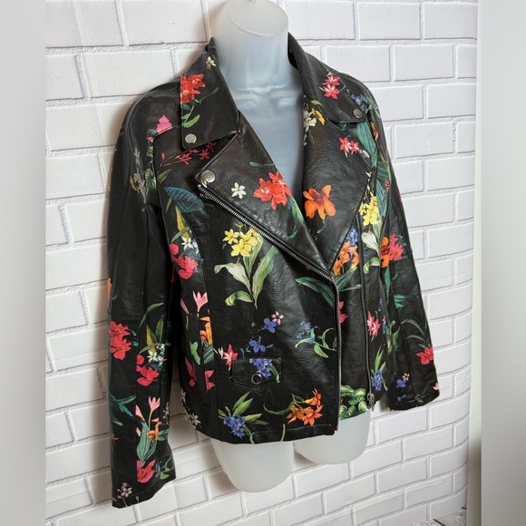 PATRIZIA LUCA Black Leather Jacket Bold Floral Print and Tailored Fit/size S - Picture 2 of 12
